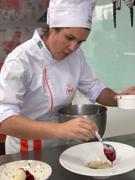 Plating dessert in the kitchen